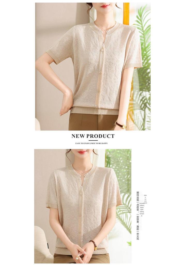 Stylish Ice Silk Short-Sleeved T-Shirt for Middle-Aged and Elderly Women