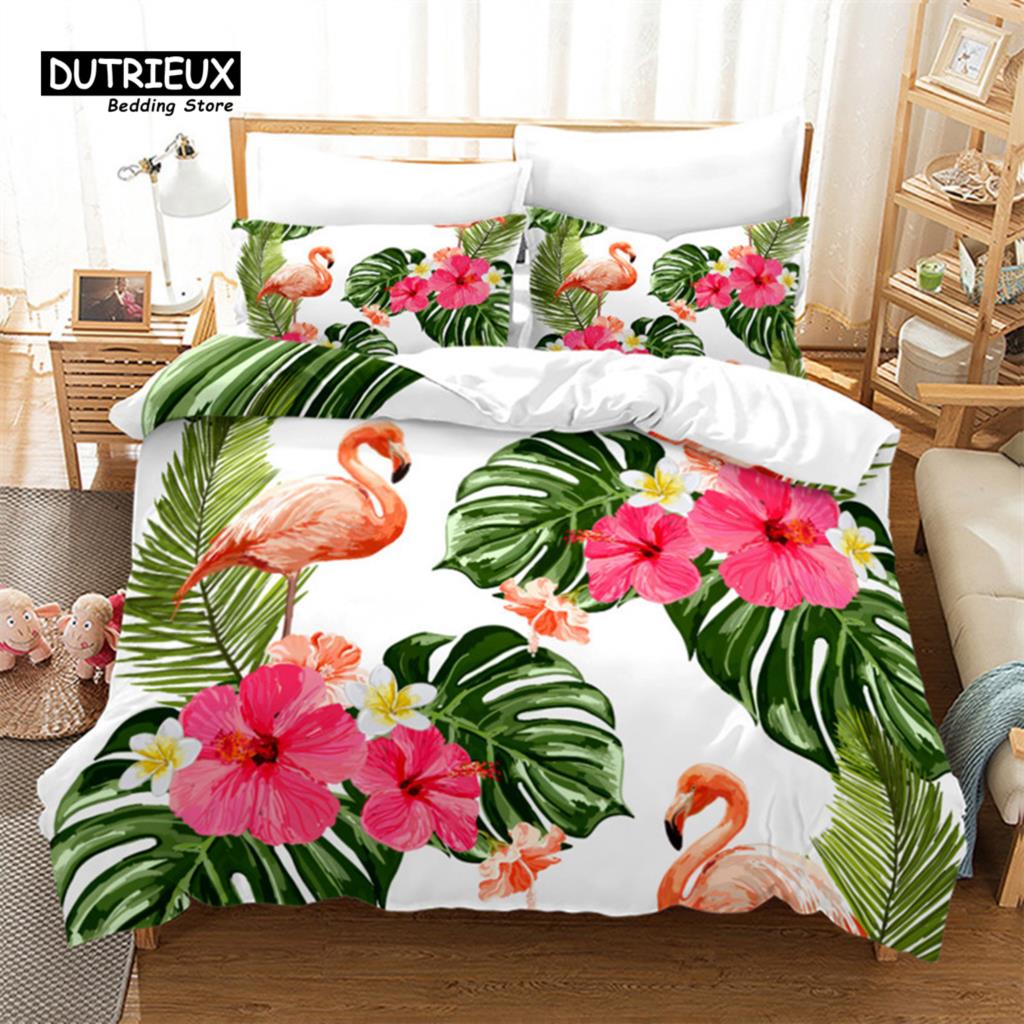 Soft Flamingo 3D Print Bedding Set Fresh Style Cartoon Animals Green Leaves Tropical Fruit Floral Duvet Cover With Pillowcases