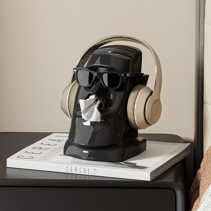 Glasses Earphone Storage Rack Multi-Function Desktop Storage Creative Moai Tissue Box for Bedroom or Office Table Decorative