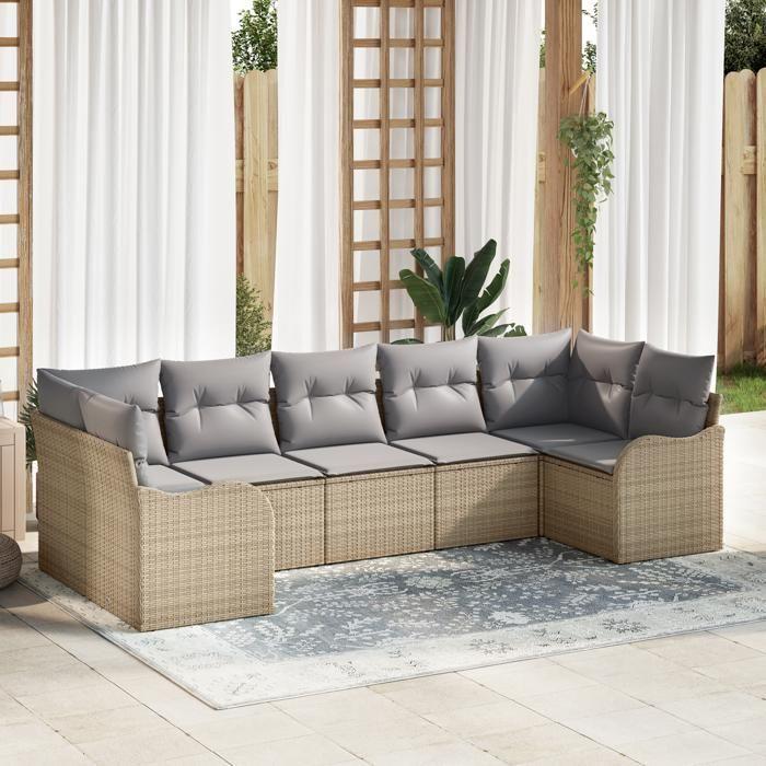 Ensemble de canapé de jardin 7 pièces avec coussins Beige Poly Rattan, Canapé de jardin 2 places avec coussins Beige Poly 3345850