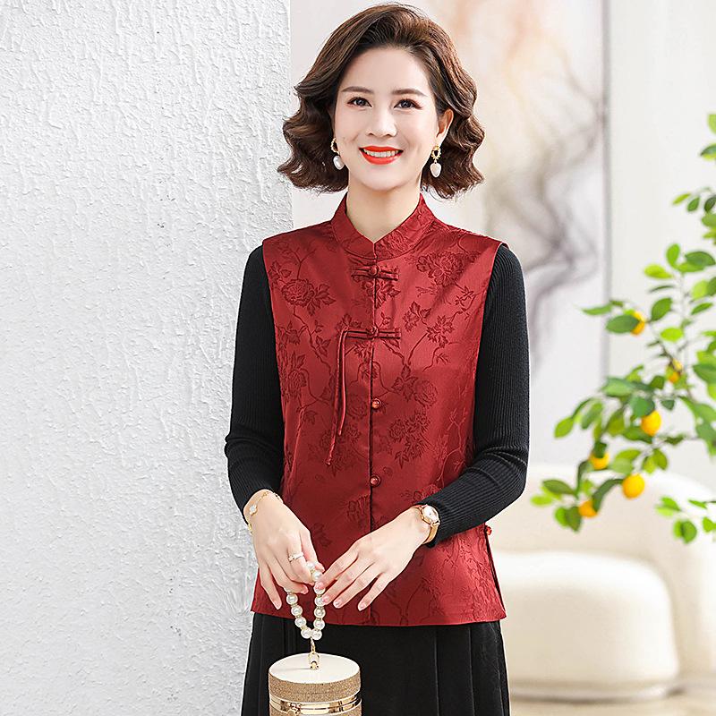 

Женский жилет из атласного жаккарда в китайском стиле - воротник-стойка, застежка на пуговицы, ретро-дизайн для весны и осени XL красный