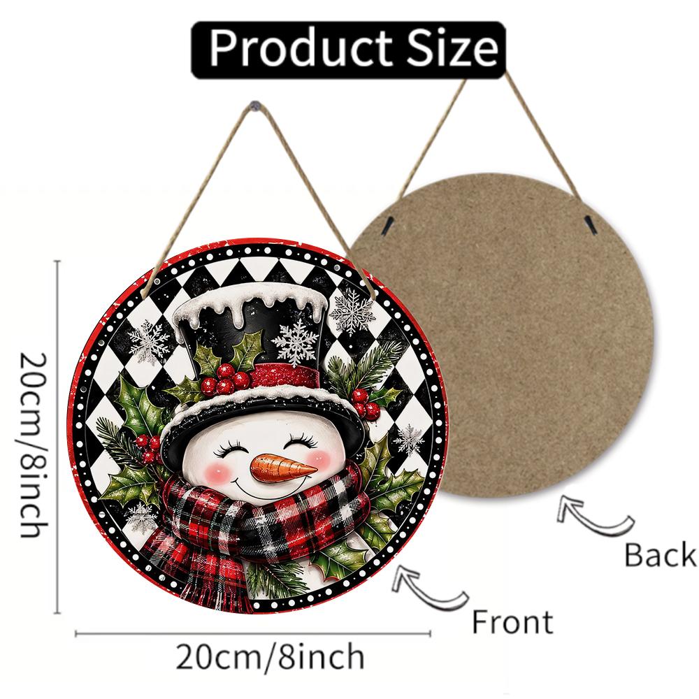 Snowman winter plaid patterned Round Wooden Hanging Plaque farmhouse wall art front door sign holiday Christmas home decor indoor outdoor ornaments
