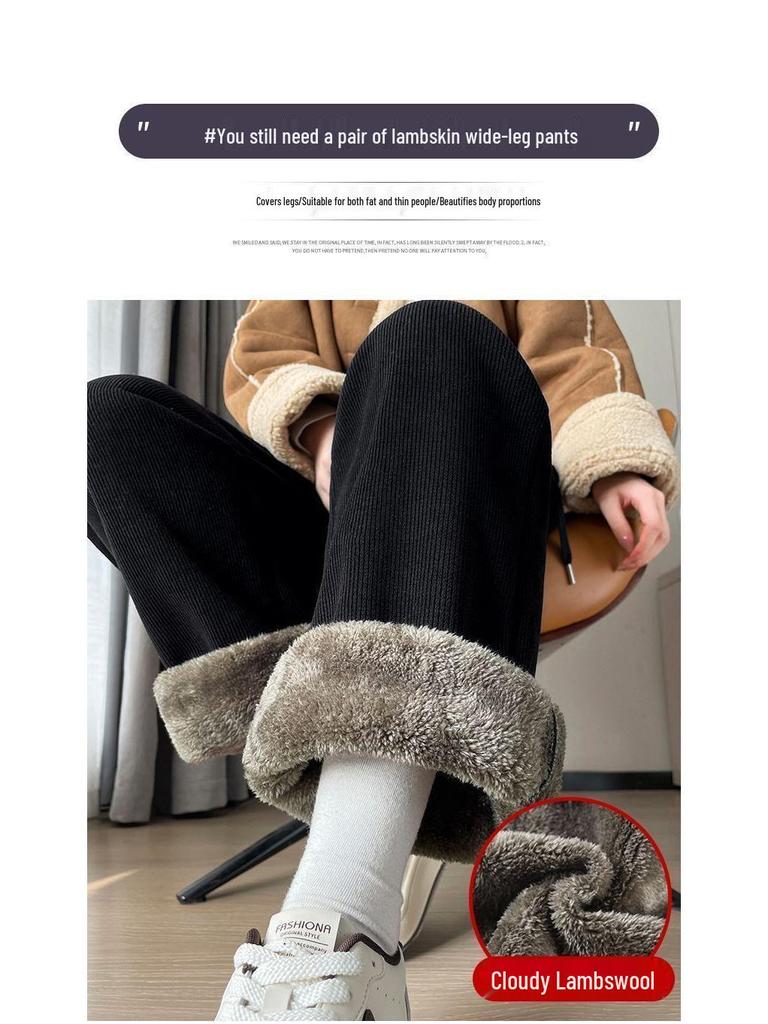 Pantaloni largi din lână cu căptușeală groasă din lână de miel