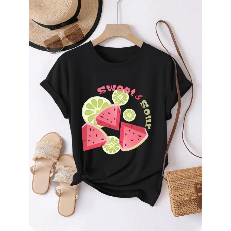 Women'S Comfortable Casual Short Sleeve Round Neck T-Shirt with Watermelon And Lime Design
