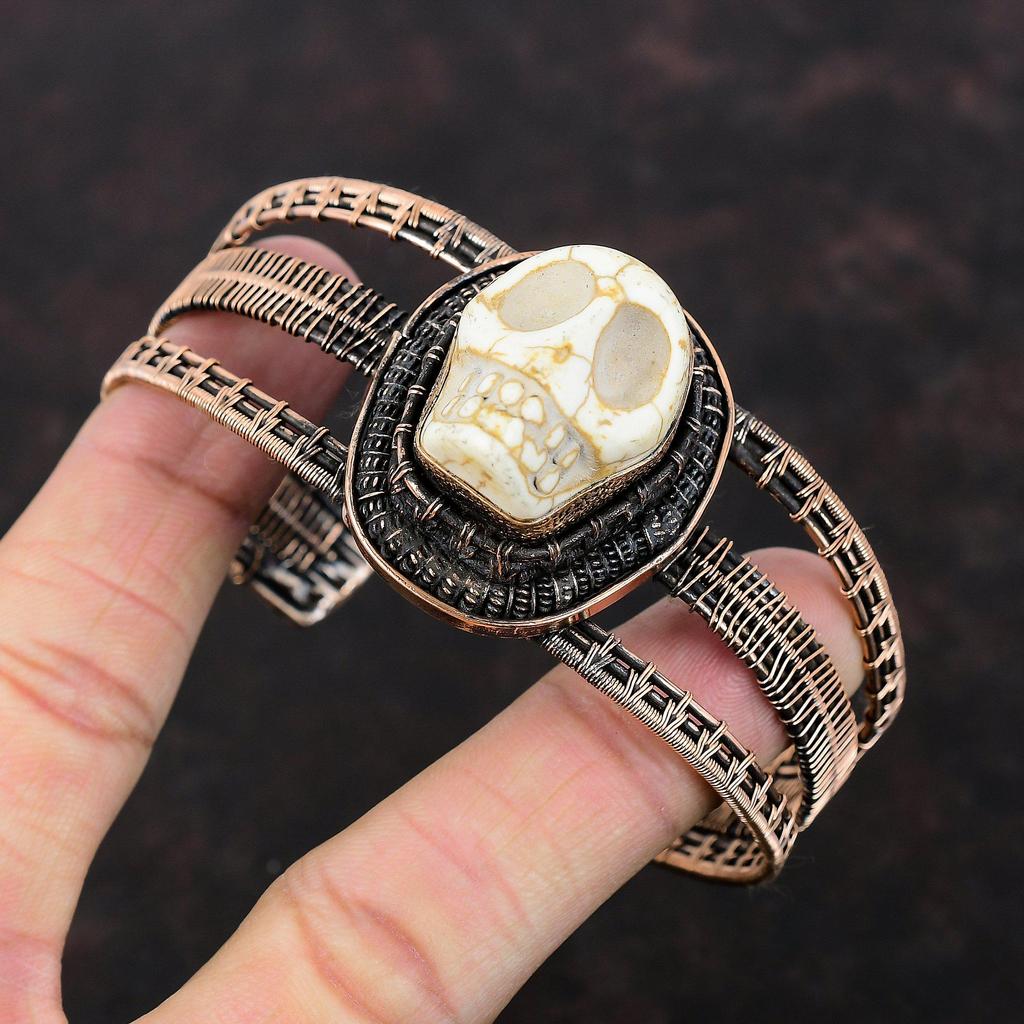 Howlite Cuff Bracelet Copper Wire Wrapped Bangle Handmade Cuff Adjustable Bangle Skull Bone Face Cuff Bracelet Gemstone Jewelry Gift For Mom