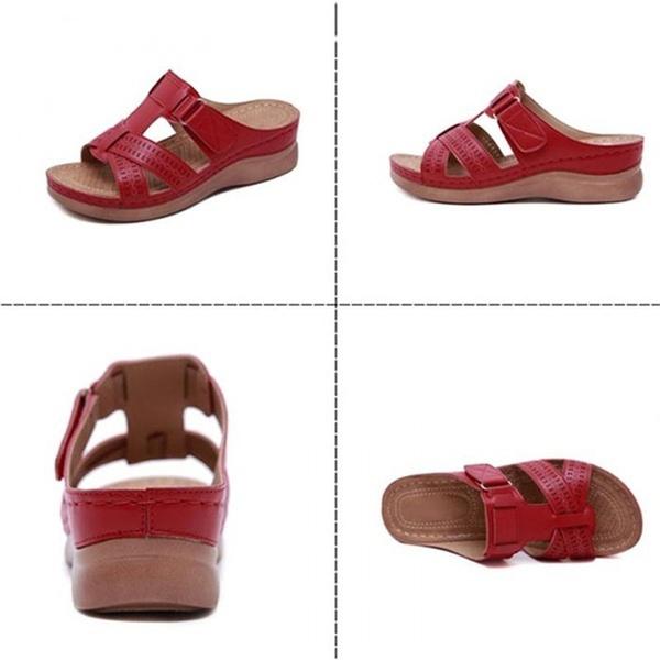 Beställ en storlek upp, sommar Kvinnor Premium Ortopediska Sandaler med öppen tå Kvinnliga Tofflor Spänne Rem Vintage Anti-halk Andas Tofflor Plus Size Sandaler
