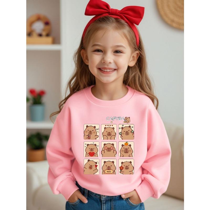 European sizes Capybara Graphic Crewneck Pullover with Red Bow, Fall/Winter Casual Sweater for Girls, Soft for School, Playdates, Outings.