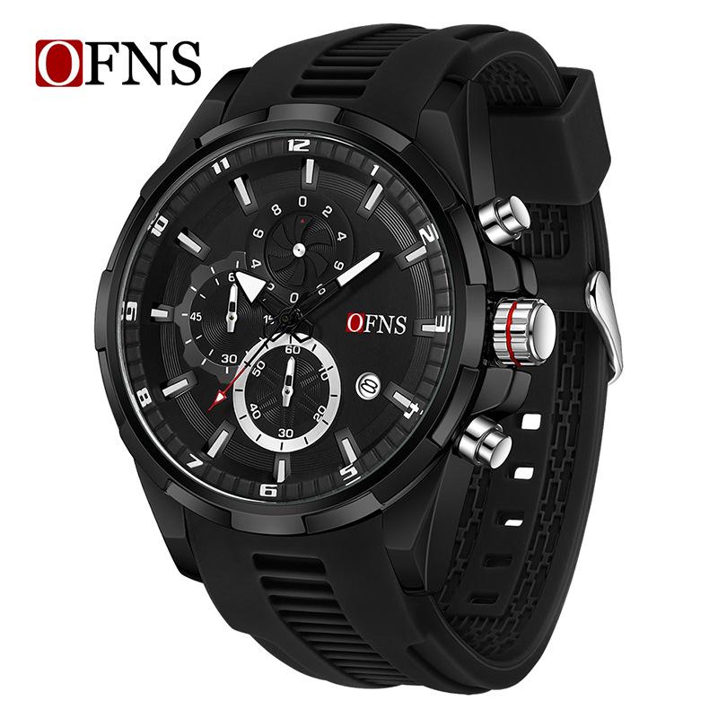 OFNS Men s Quartz Sport Watch: Three-Eye, Six-Hand, Calendar, 3D Dial, Waterproof, Luminous.