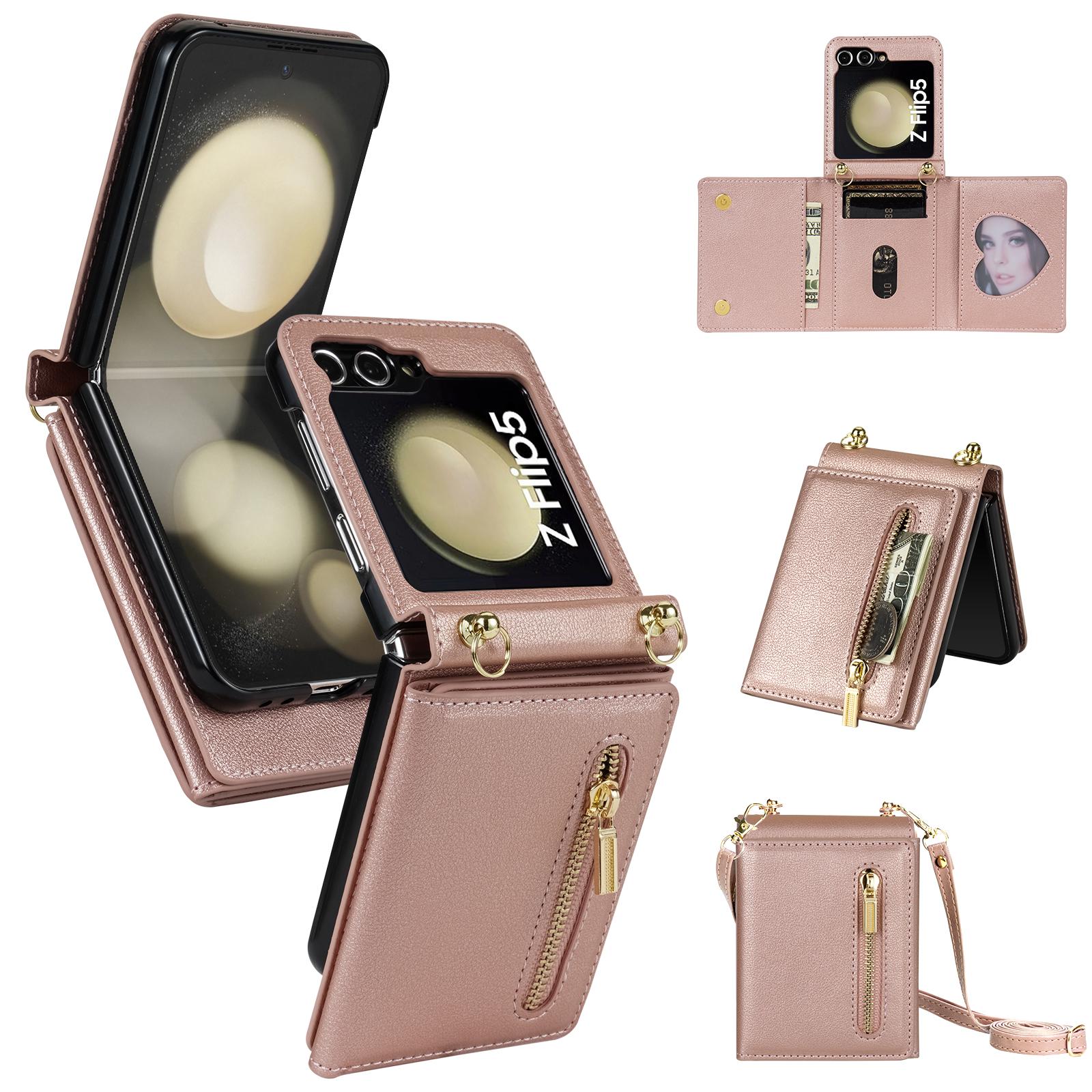 

Crossbody Zipper Cards Solt Wallet Leather Case For Samsung Galaxy Z Flip 6 5 4 3 5G Flip6 Flip5 Triple Fold Pocket Purse Cover For Samsung Z Flip 6 розовый