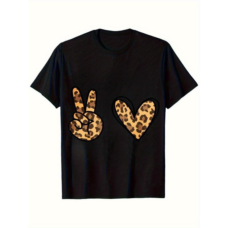 European sizes Leopard Print Peace & Heart T-Shirt - Soft Round Neck Casual Playwear for Kids