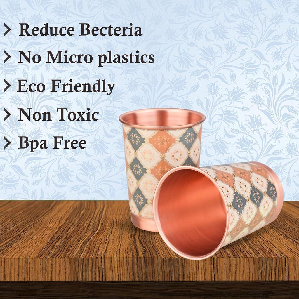 Kupferbedrucktes Design 250ML Wasserglas mit Rostschutz für Heim- und Bürogebrauch Ayurveda- und Yoga-Gesundheitsvorteile Glas Set mit 6