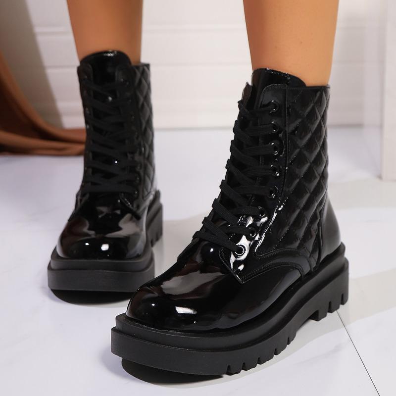 Patent Leather Platform Ankle Boots Women Lace-Up Chunky Heels Motorcycle Botas Mujer Thick Bottom Autumn Boots Woman 2025 New