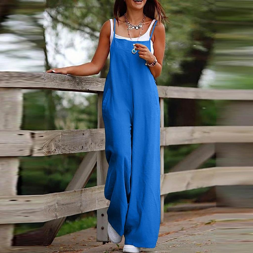 Women's Fashion Casual Cotton And Linen Adjustable Suspender Jumpsuit Pants Solid Color Leg Split Jumpsuit