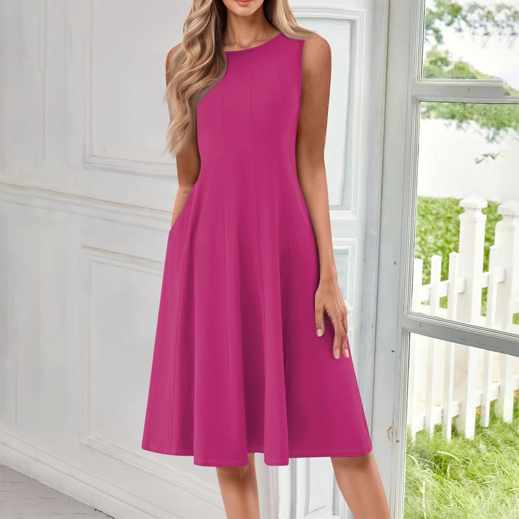 Women's Fashionable Round Neck Sleeveless Solid Color Casual Pullover Mid Length Dress