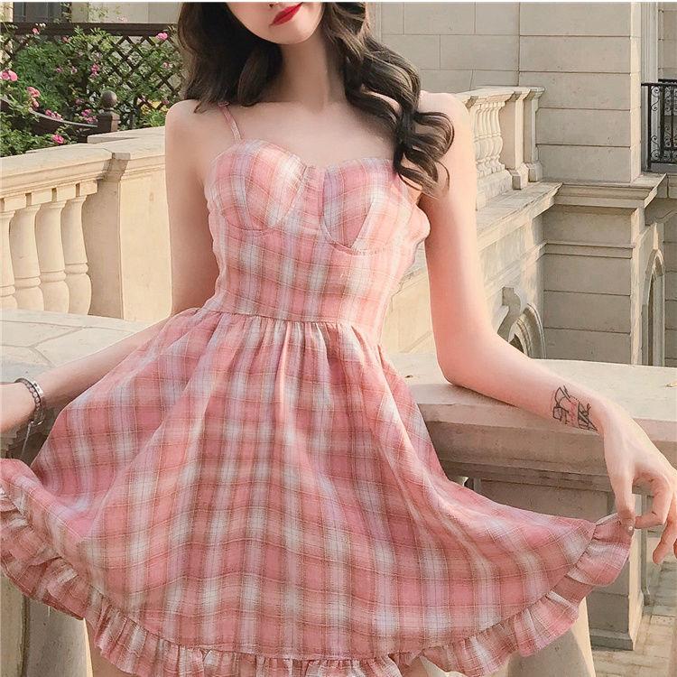New summer sweet pink plaid suspender dress women's summer small fresh student skirt Korean version girl