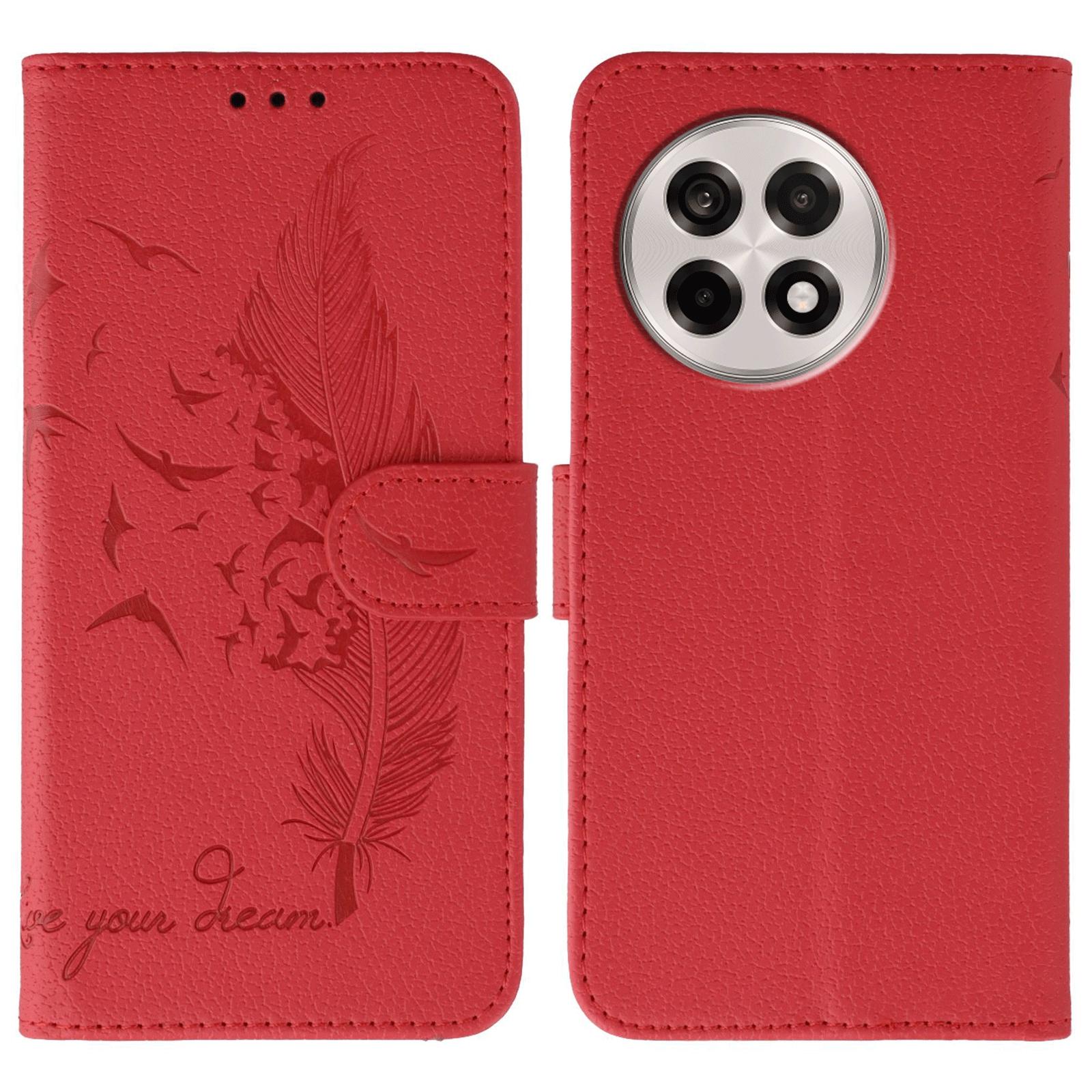 

Phone Case For OnePlus Ace 5G/Ace 5 5G/13R 5GFeather Imprint PU Leather Wallet Cover Red