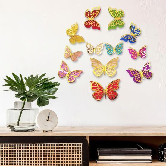 12 Pcs 2 Layer Wings 3D Butterfly Wall Decals Removable Glitter Hollow Butterfly Wall Sticker DIY Room Mural Art