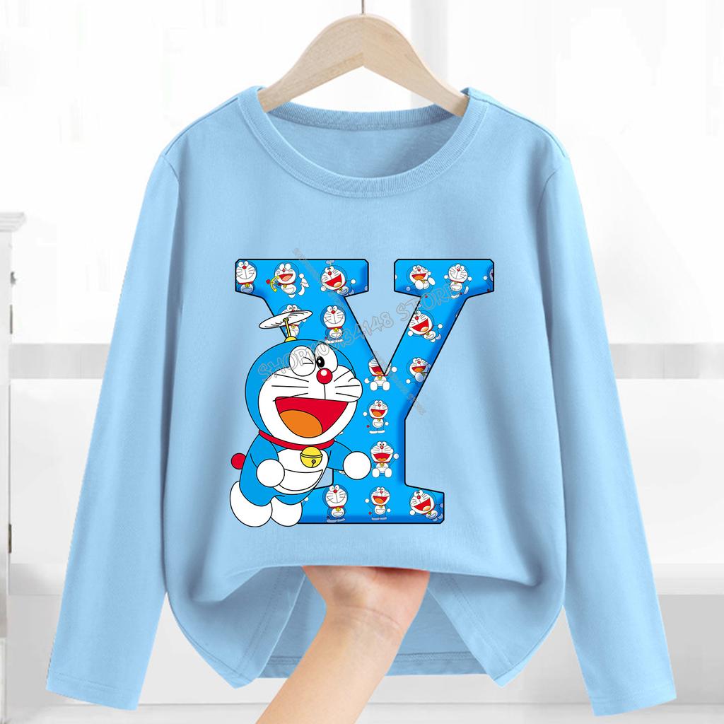 Doraemon Long Sleeve for Women Cartoon A-Z Letter Clothing Caftan Anime Clothes Blue Round Collar Blouse Gift