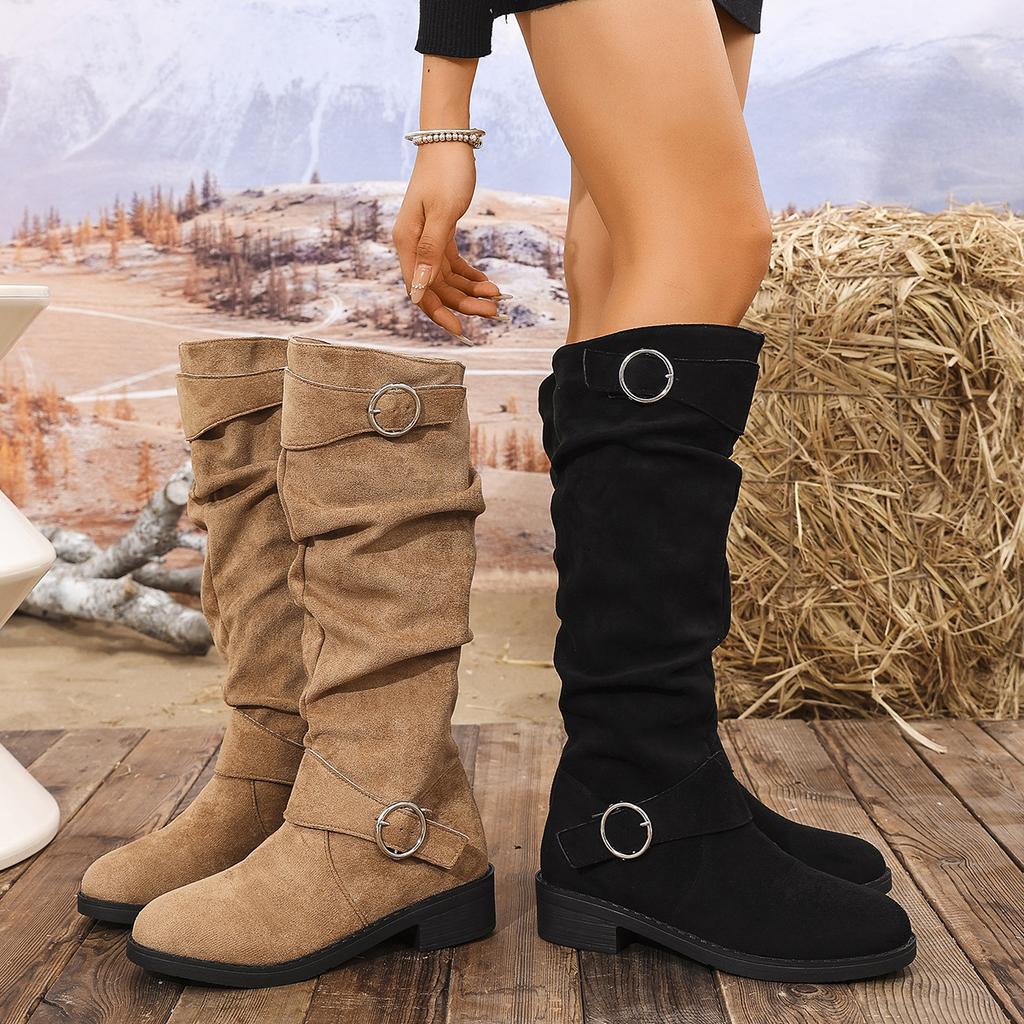 Platform Thick Heel Women Western Cowboy Boots Fashion Slip On Folded Pile Long Booties Female Shoes Autumn Winter