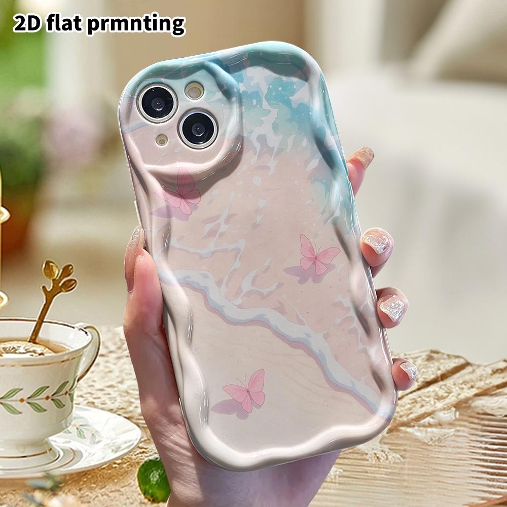Phone Case: 2D Flat Design, Fits iPhone 12 To 18 Pro, Phone Decoration, Pink Butterflies, Beach Waves, Perfect for Halloween and Christmas Gifts