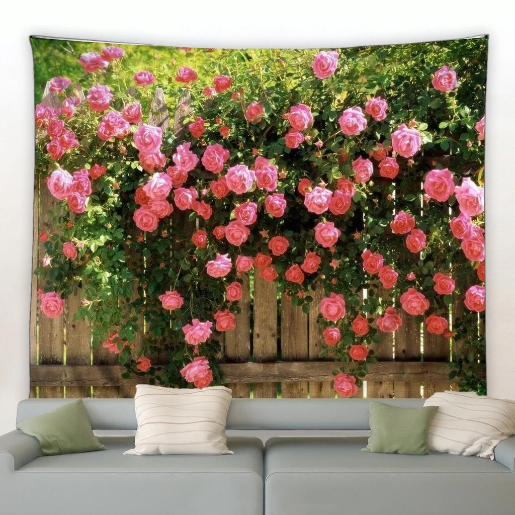 Spring Butterfly Flowers Tapestry Retro Wooden Fence Nature Pink Rose Plants Floral Wall Hanging Garden Home Decor Scenery Cloth