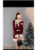 2025 Winter Women's Chic Red Christmas Set: New Year Patchwork Jacket & Skirt