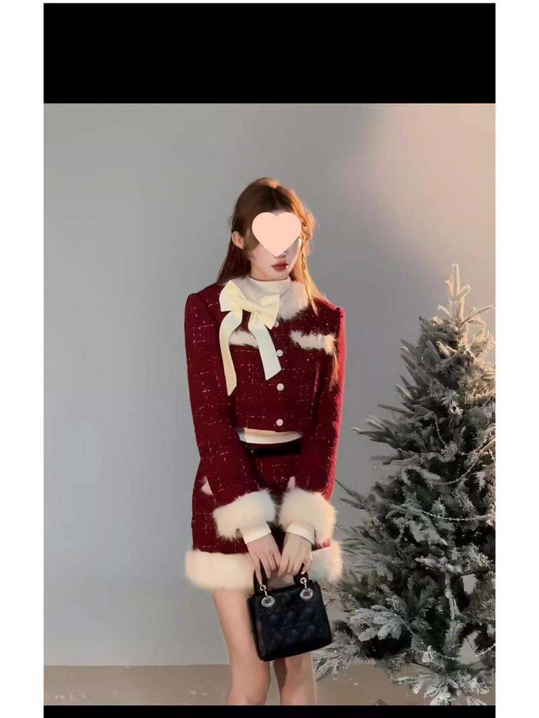 2025 Winter Women's Chic Red Christmas Set: New Year Patchwork Jacket & Skirt