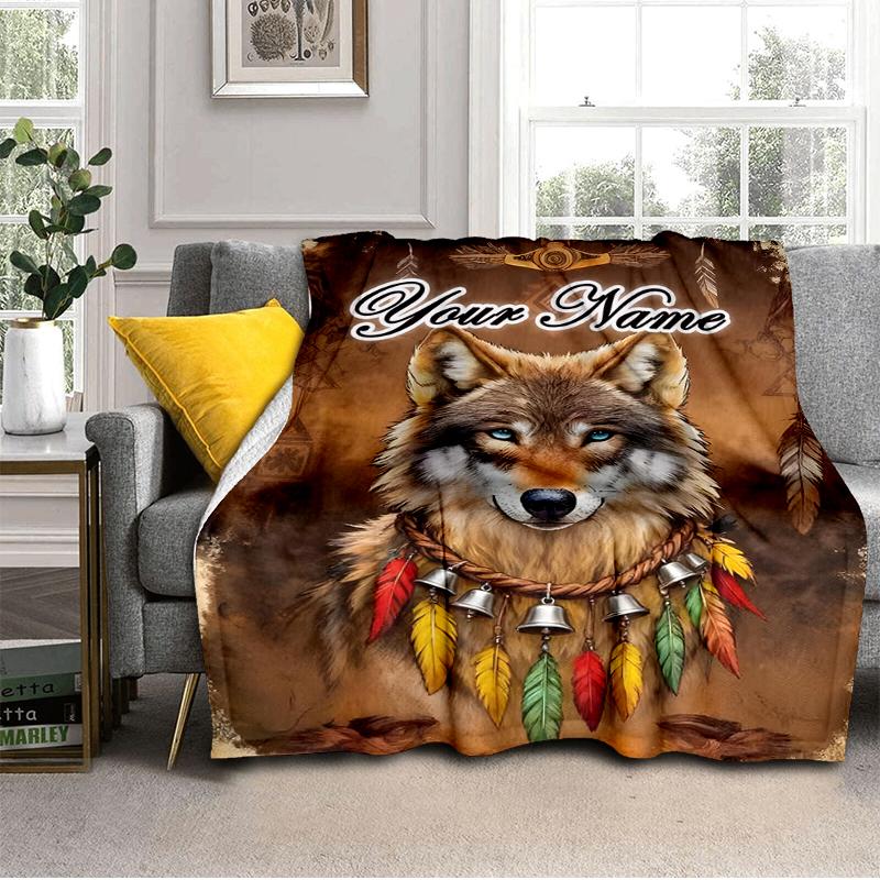 1PC Custom Name Wolf Spirit Dreamcatcher outdooor Flannel blankets Throw Blanket All-Season Throw Gift Bedspread for Couch, Bed, Camping Holiday Birth