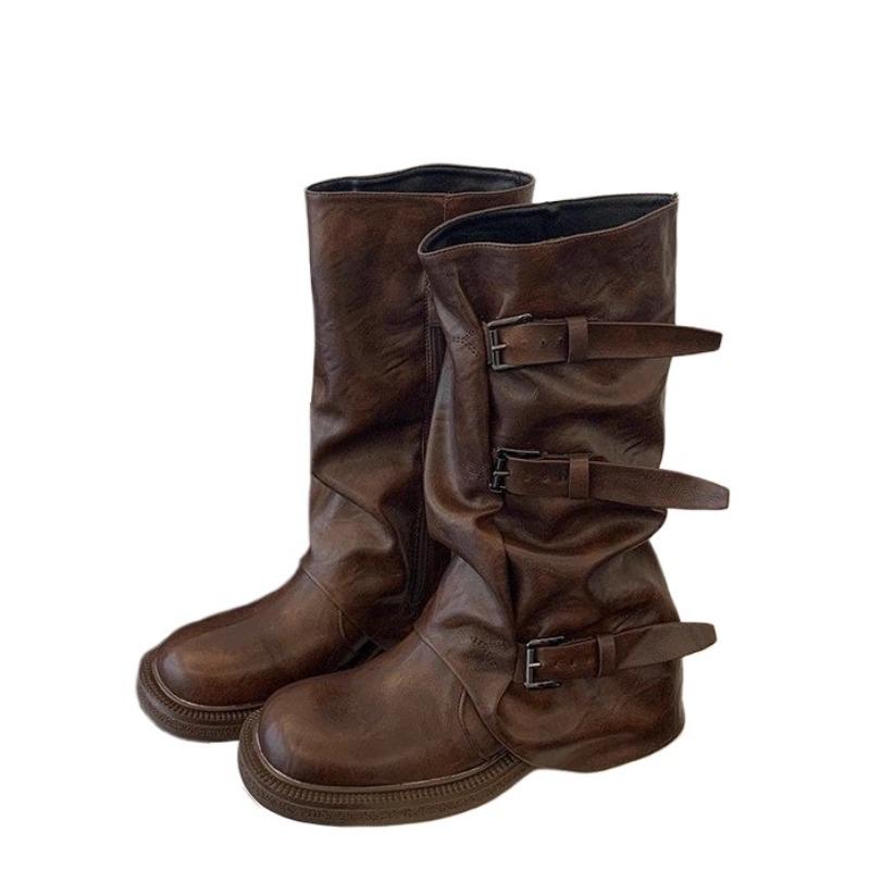 Retro thick-soled medium boots women's autumn new western cowboy Martin boots stacked pants tube boots knight boots