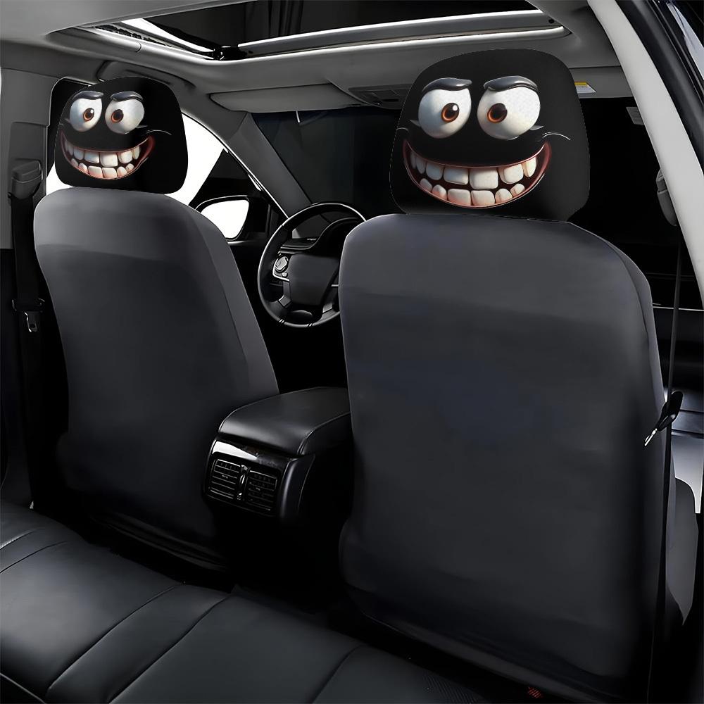 2pcs Set of Funny Big-Eyed Grinning Cartoon Print Car Seat Headrest Covers, Car Headrest Covers for Funny Car Interior Accessories