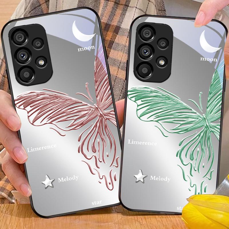 Metallic Butterfly For Samsung Galaxy S10 20 Plus 21 FE 22 23 24 FE 25 Ultra Black Tempered Glass Phone Case Hard Shell