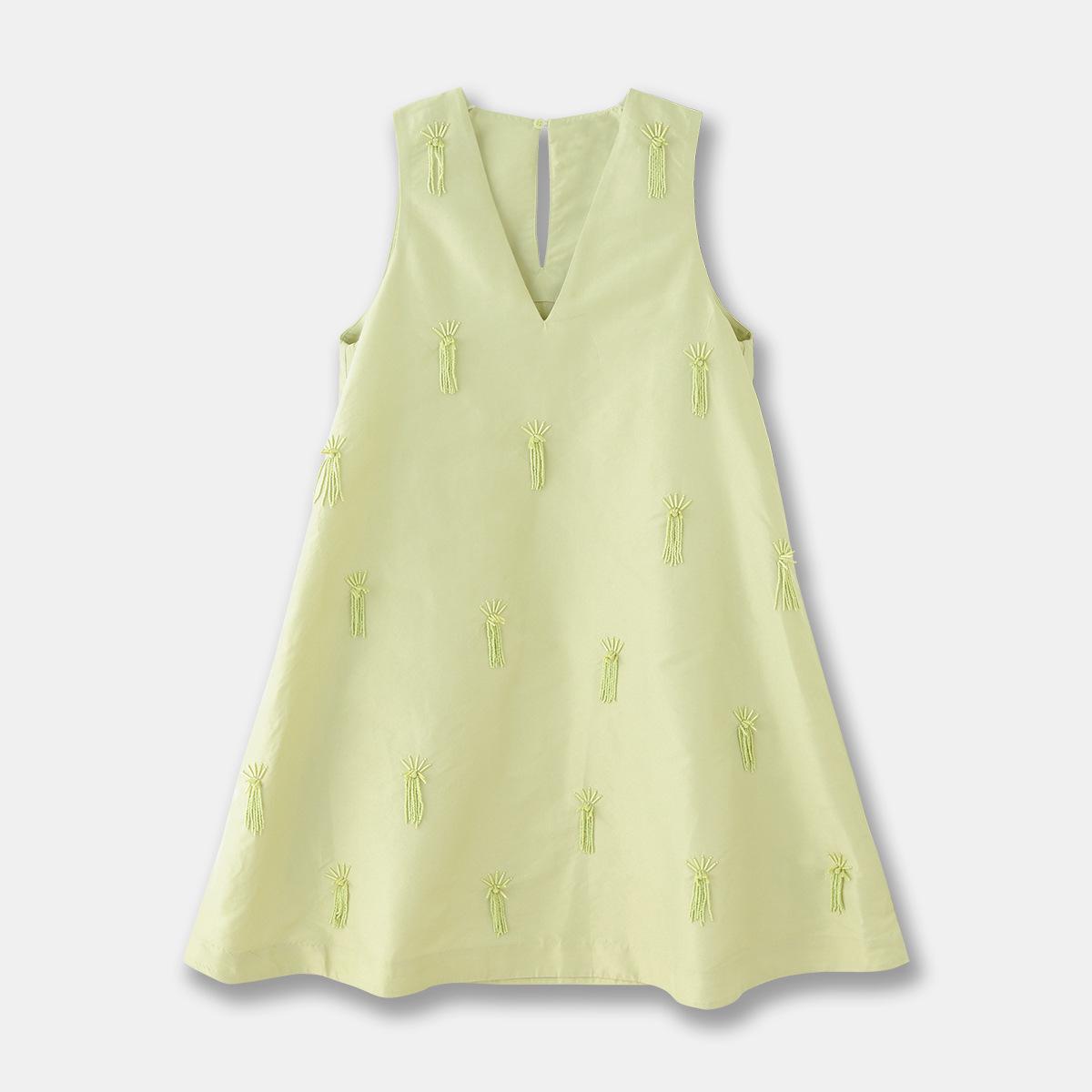 

C-brand Light Green Embroidered Sleeveless V-neck A-line Dress with Tassel Beading Size S (34) зелёный