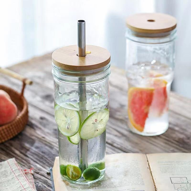 730ml Iced Coffee Glasse Cup with Bamboo Lid and Straw Reusable Boba Cup Smoothie Tumbler Glass Bubble Tea Cup