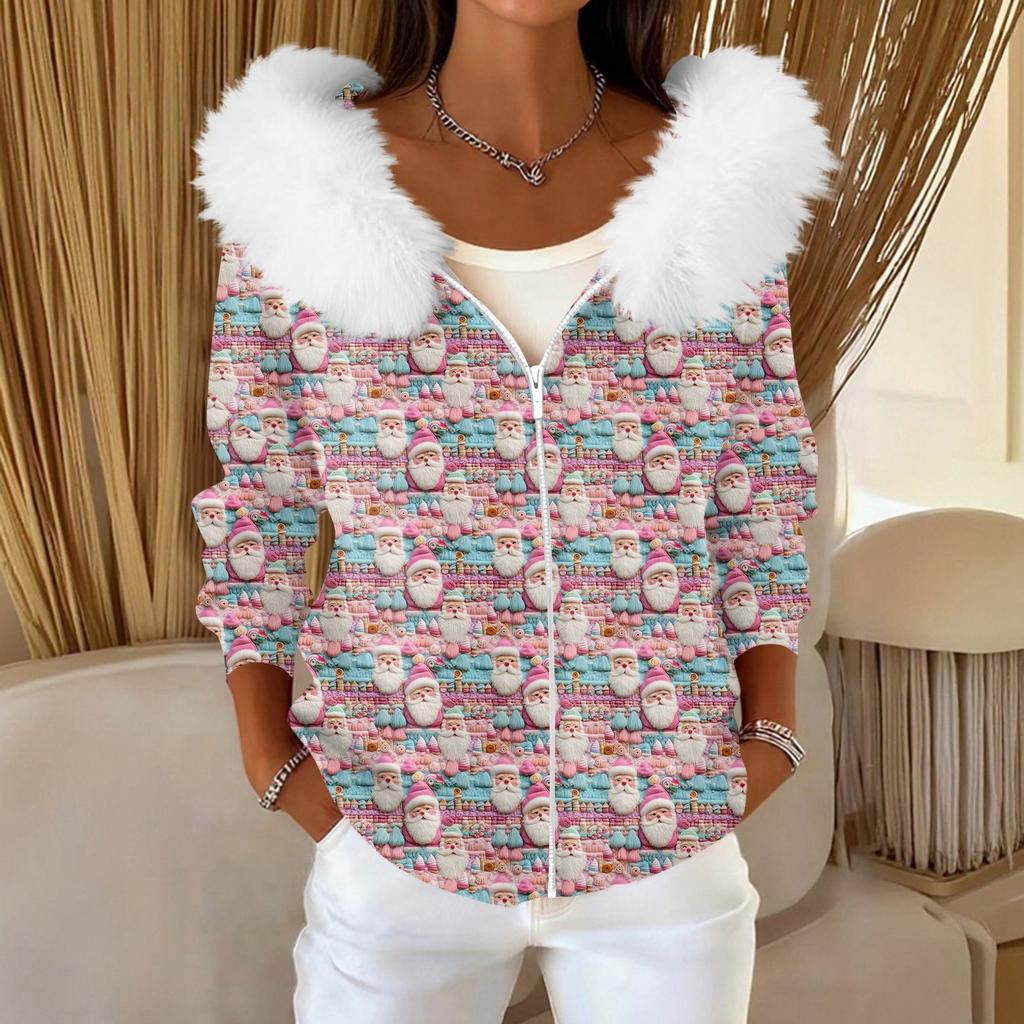 Women's Fashion Casual Sweater Zipper Print Cardigan Plush Hooded Jacket