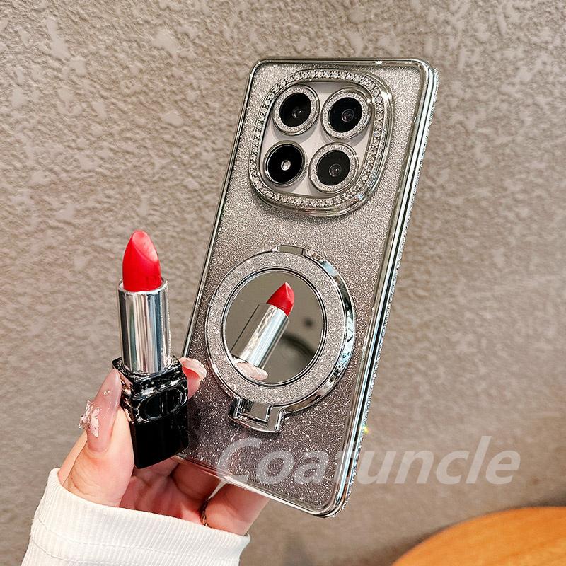 Luxury Glitter Magnetic Magsafe Mirror Bracket Diamond Case for Xiaomi Redmi Note 14 Note14 Pro Plus 14S 14C 4G 5G Plating Cover