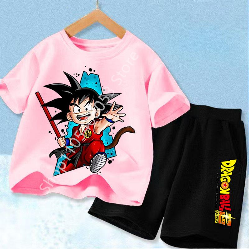2026 Anime Cool Goku Dragon Ball Z Boys CosPlay Short Sleeve Shorts with Pocket Beach Pants Breathable T-shirt Kids Suit