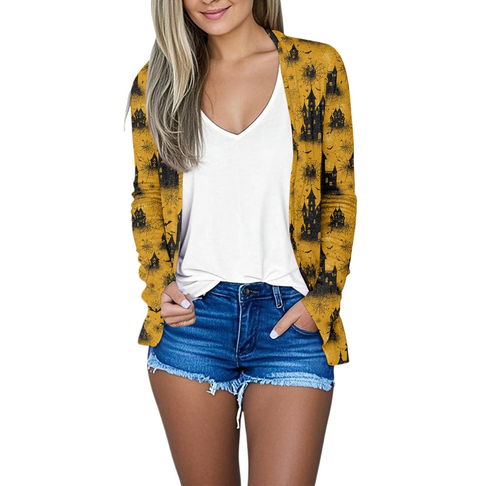 

Женский свободный удобный повседневный модный кардиган с длинным рукавом и принтом на Хэллоуин XL жёлтый