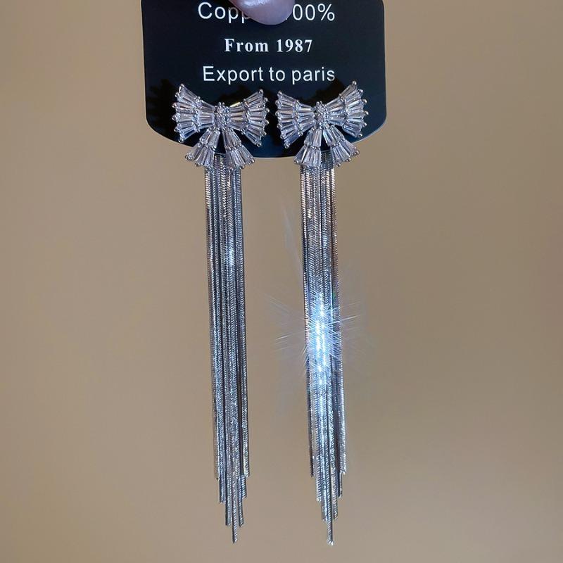 New Trendy Full CZ Cubic Zirconia Bowknot Long Chain Tassel Drop Earrings for Women 18K Real Gold Silver Plated Copper