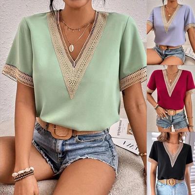 Kadın Yaz Üstleri Moda Giysiler Rahat V Yaka Şifon Bluzlar Kısa Kollu Tee Gömlek Bayanlar Satılan Renk Gevşek Dantel Gömlek