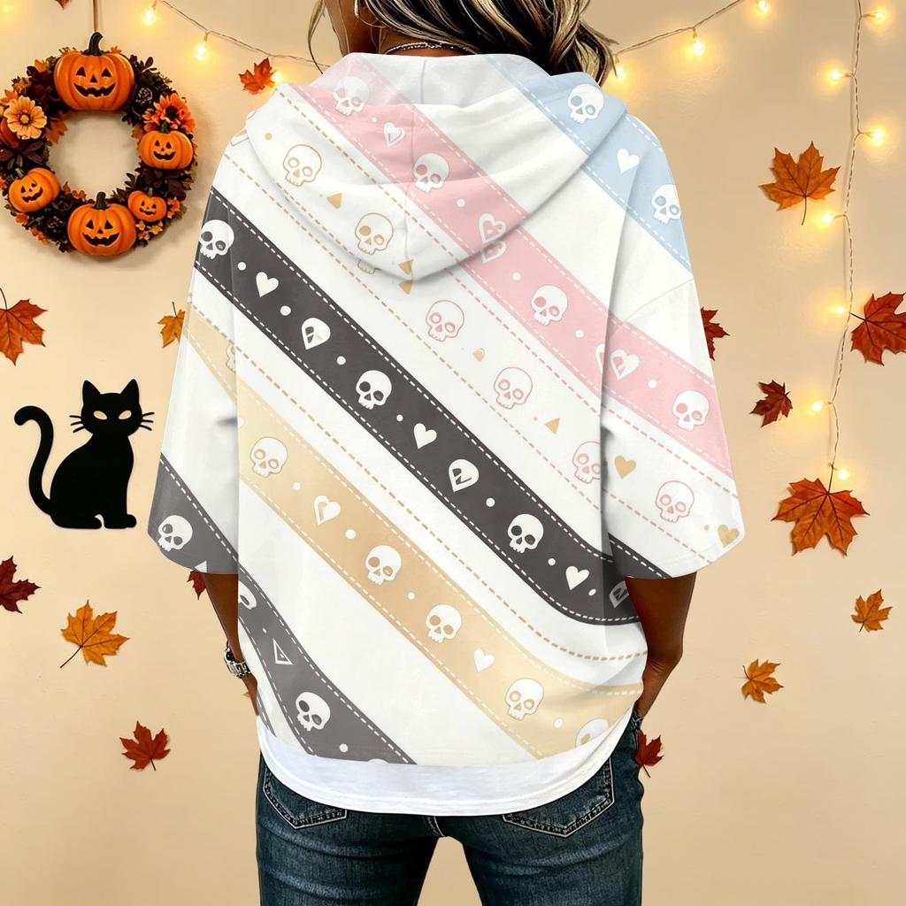 Women's Halloween Print Hooded Top, Loose Fit Casual 3/4 Sleeve Pullover Shirt