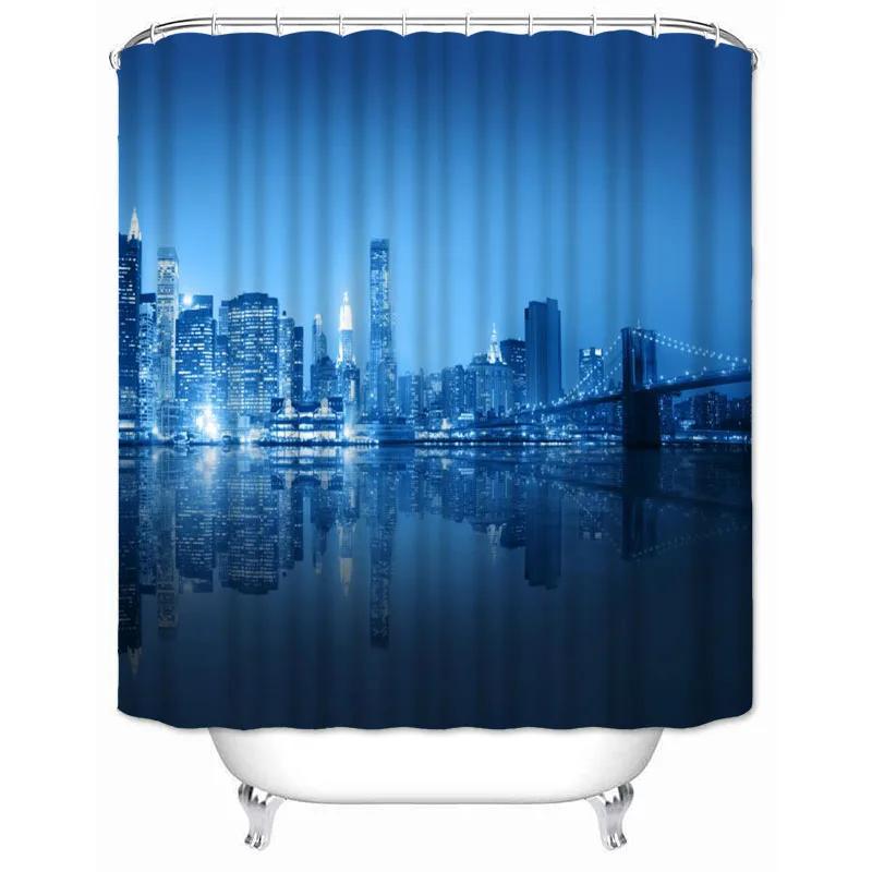 New York City Skyline Building Night View Shower Curtain Modern Bathroom Curtain Polyester Fabric Bath Curtain With Hooks