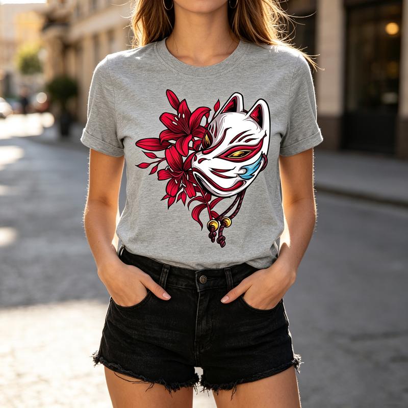 Japanese Fox Mask Tee Red Flower Art Print Unisexs Casual Short Sleeve T Shirt Unisex 100Cotton Harajuku Oversized Tee