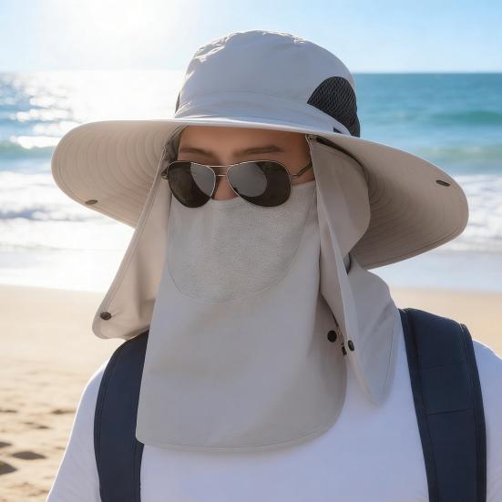 Men Fisherman Hat Wide Brim Breathable Mesh Design Quick-Drying Bucket Hat with Neck Shawl Face Guard Outdoor Fishing Hat