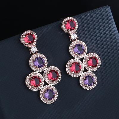 Round Fringed Diamond Zircon Earrings Luxury Crystal Long Banquet Earrings Silver Needle Full Diamond Colored Gemstone Women
