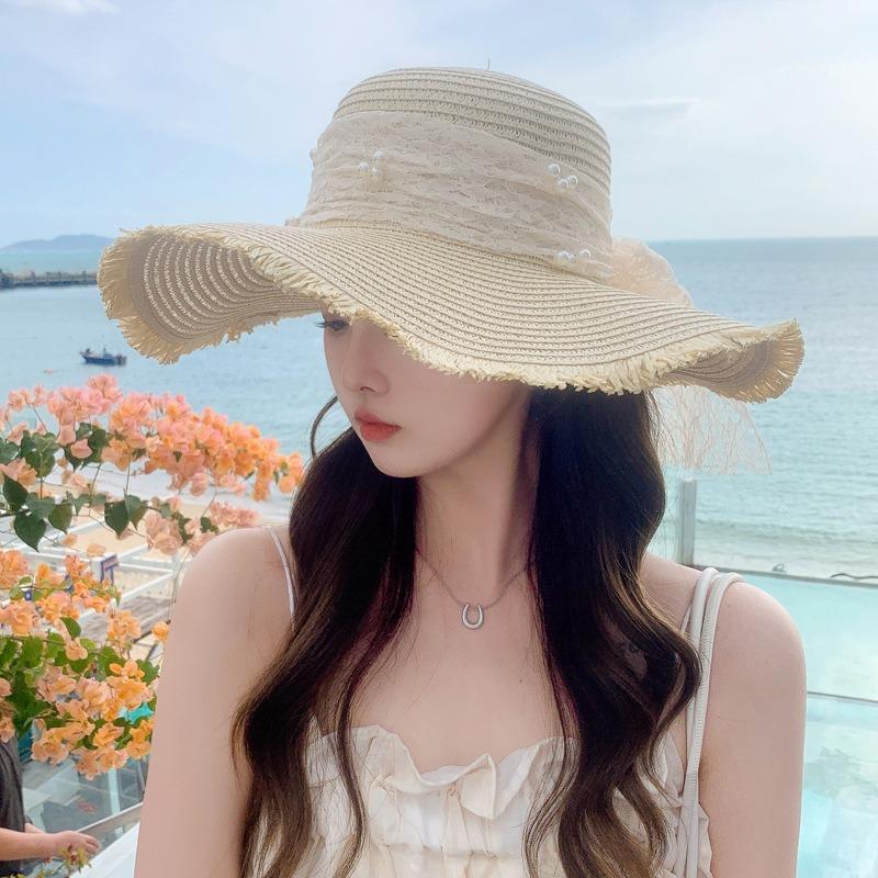 Flat Top Straw Hat Strapped Women's Summer Visor, Satin Versatile Straw Fashion Top Hat, Seaside Beach Hat
