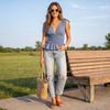 Women Sleeveless V Neck Top Loose Fit Blouse Summer Casual Shirt with Smocked Waist and Ruffle Hem Stylish Tank
