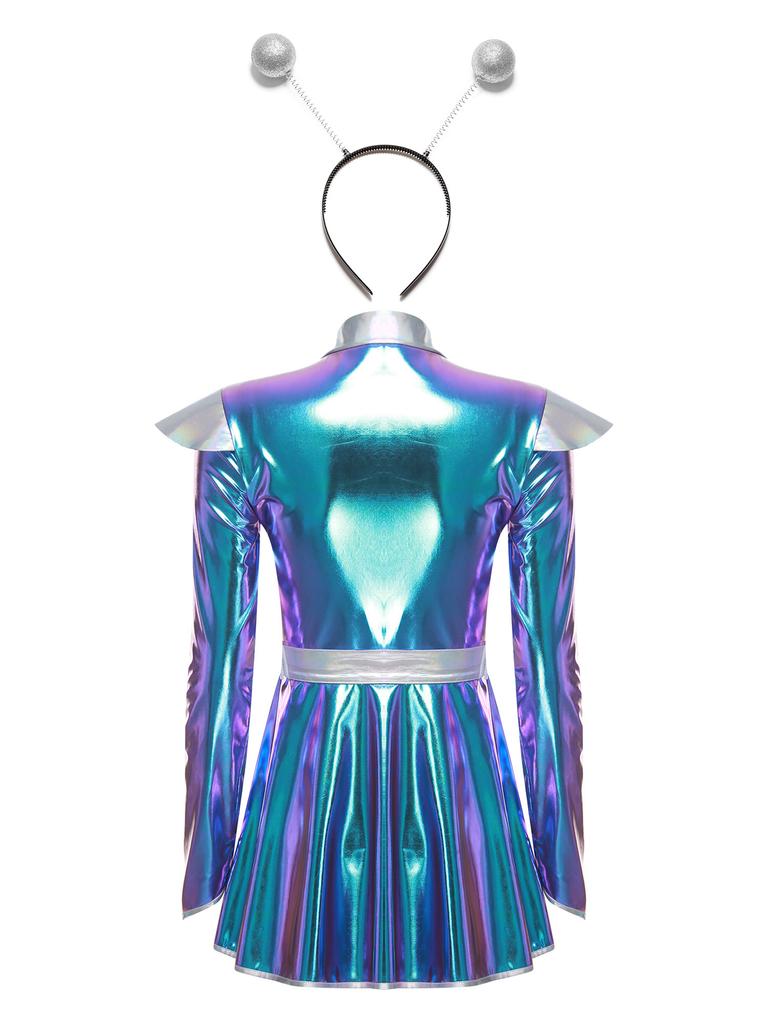 S-XXL Damen Rollenspiel Außerirdischenkleid: Halloween Astronauten Kostüm, Metallisch A-Linie mit Haarreif & Einfachem Frontreißverschluss