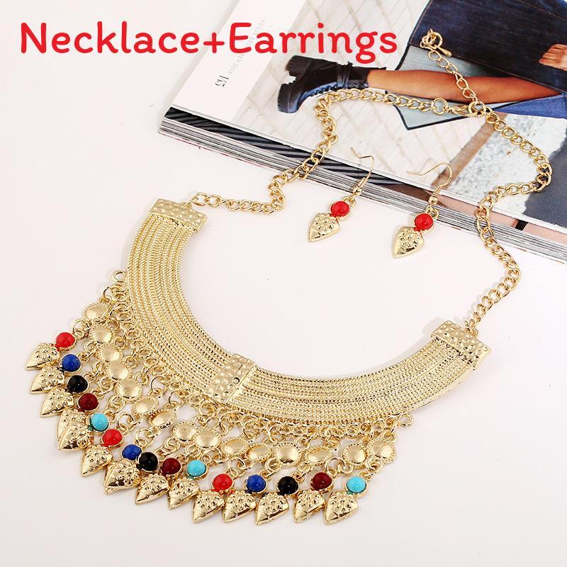 Necklace Fashion Tassel Eardrop Set With Layered Chain And Gemstone Details