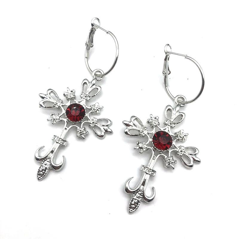 Gothic Punk Hollowed-out Cross Anchor Red Zircon Pendant Dangle Earrings for Women Personality Charm Hoop Earring Jewelry Gifts
