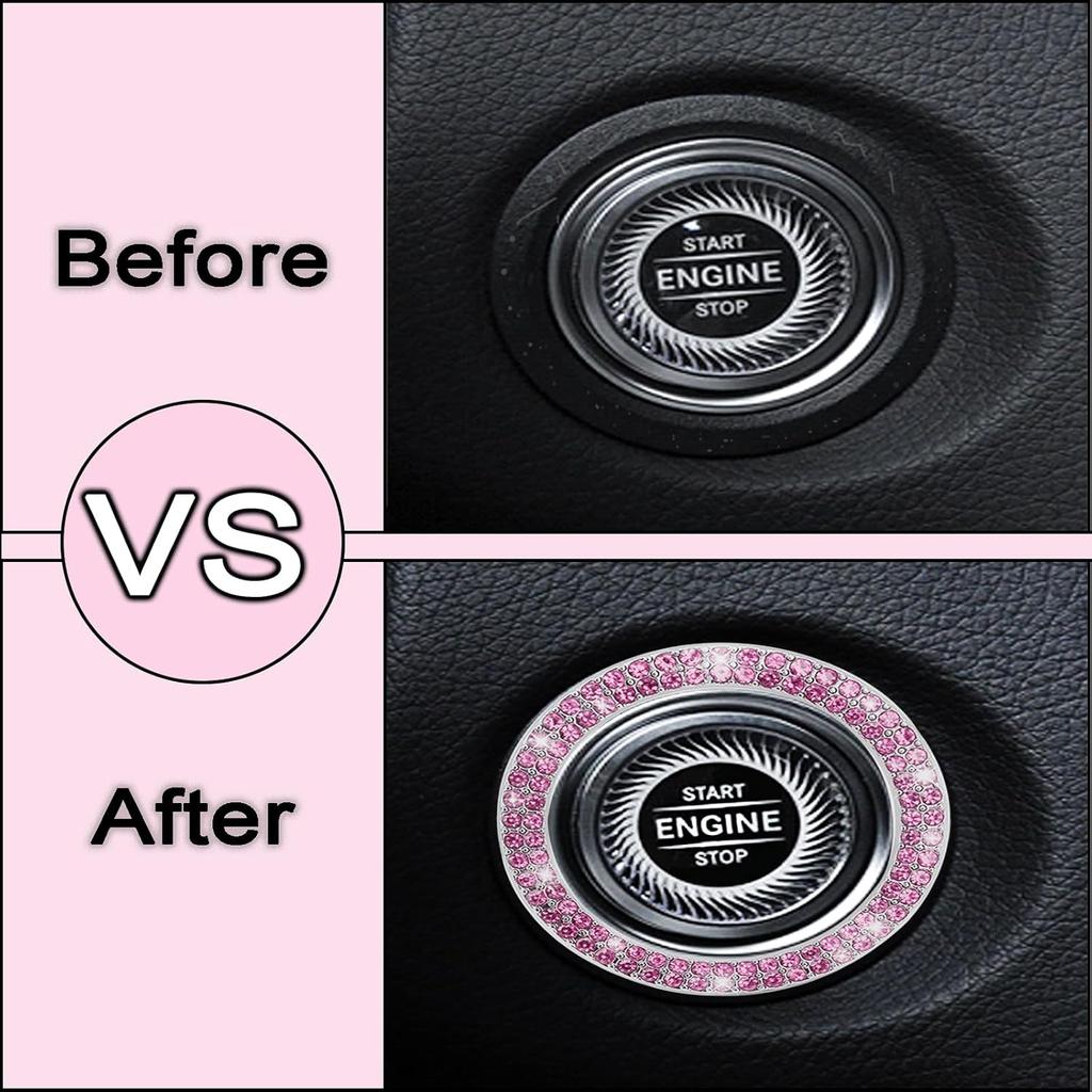 2 Pack Car Engine Start Stop Decoration Ring Pink, Crystal Decorative Ring Sticker Car Interior Accessories for Women, Automotive Pushbutton Switches